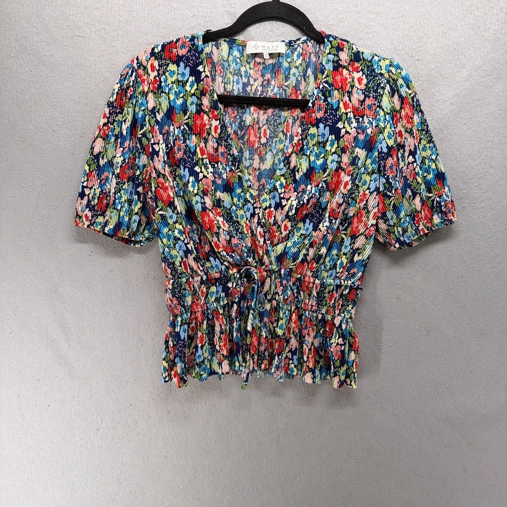 Wayf Blouse womens S Blue Red Faux Wrap Cottagecore Romantic Accordion Pleat Tie